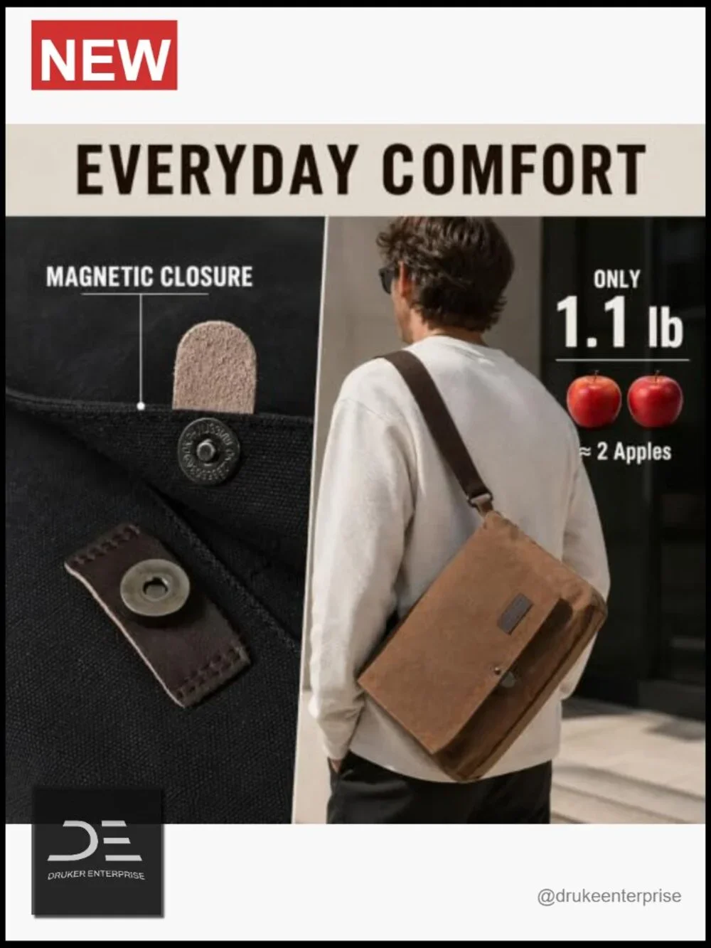 Canvas Messenger Bag with PU Leather Trim, Fits 14